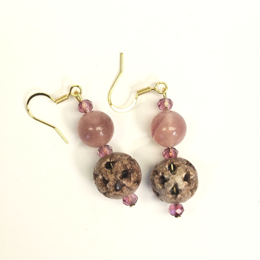 Handmade Earrings Strawberry Quartz and Soapstone Beaded Earrings - Picture 5 of 6